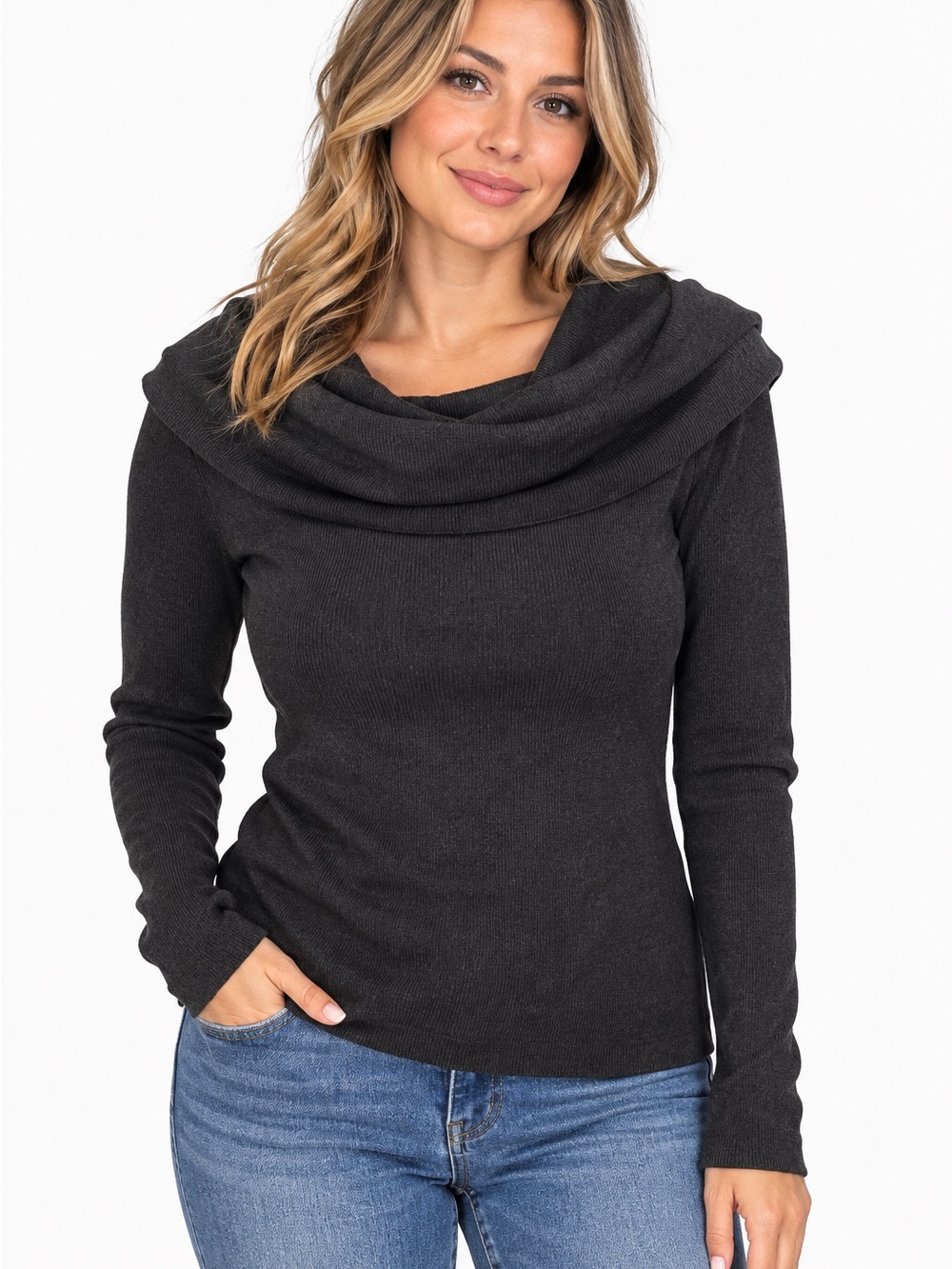 Anthropologie Charcoal Ribbed Cowl-Neck Sweater